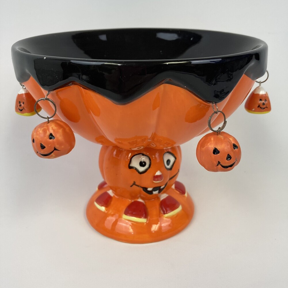 VTG Halloween Ceramic Jack O' Lantern Candy Dish Bowl 6" Pumpkin Dangle